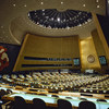 Vue de la salle de l'Assemblée générale des Nations Unies. Les Etat membres poursuivent leurs travaux à distance en raison de la pandémie de Covid-19
