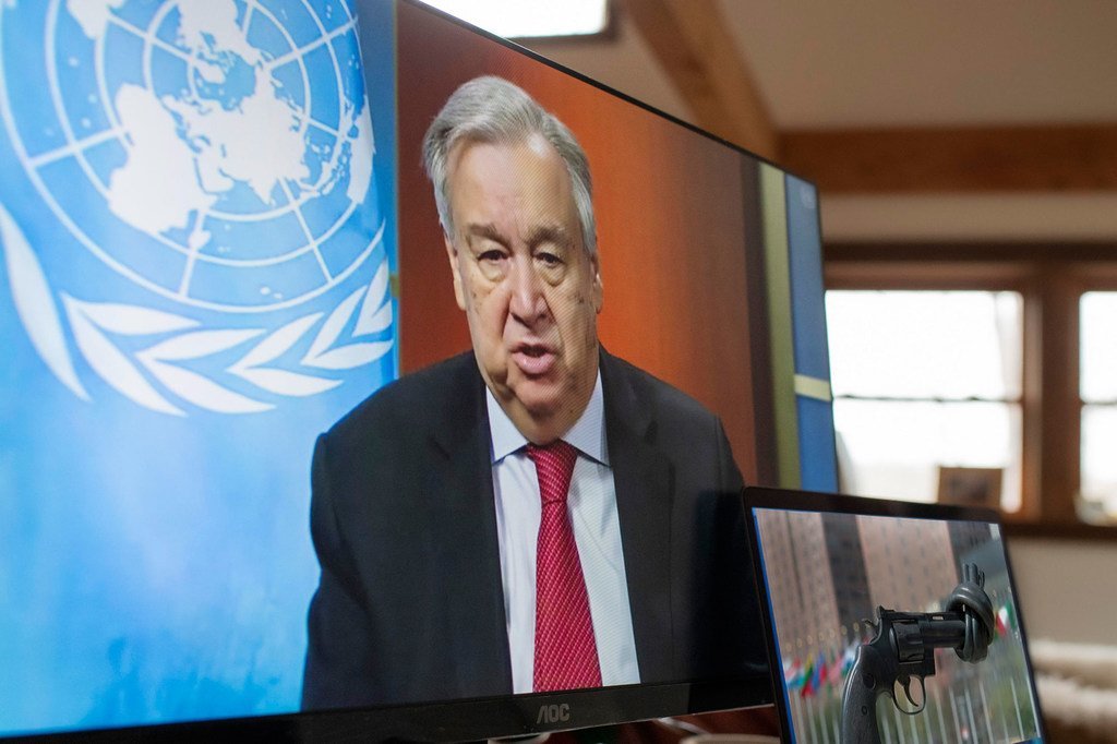 Le Secrétaire général de l'ONU, António Guterres, lors d'une conférence de presse virtuelle.