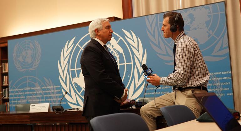 Federico Villegas (left), President of the UN Human Rights Council, speaking in Geneva ahead of the forum’s 50th session beginning Monday in the Swiss city.