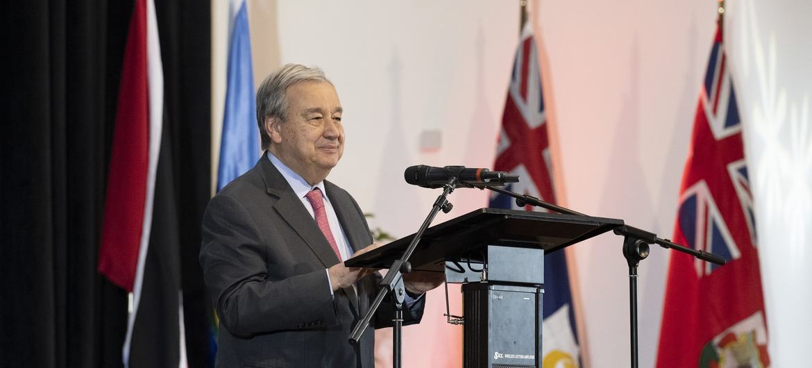 Le Secrétaire général de l'ONU António Guterres à la cérémonie d'ouverture de la 43e réunion de la Conférence des chefs de gouvernement de la Communauté des Caraïbes (CARICOM), qui se déroule du 3 au 5 juillet à Paramaribo, au Suriname.