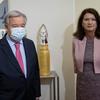 Secretary-General António Guterres (left) and Ann Christin Linde, Minister for Foreign Affairs of Sweden, attends the inaugural ceremony of the Abused Ammunition Sculpture.