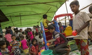 Children at Thet Kel Pyin Muslim Internally Displaced Persons (IDP) camp in Sittwe, the capital of Rakhine state, play in the child-friendly space. (2019)