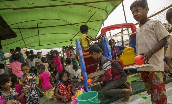 Children at Thet Kel Pyin Muslim Internally Displaced Persons (IDP) camp in Sittwe, the capital of Rakhine state, play in the child-friendly space. (2019)