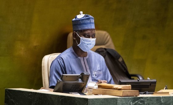 Tijjani Muhammad-Bande, the President of the UN General Assembly, presides over the first in-person meeting of the Assembly since March 2020.  