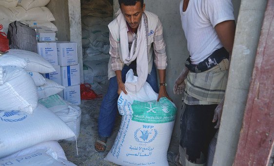 A World Food Programme food distribution point in Dhubab, Yemen. (November 2018)