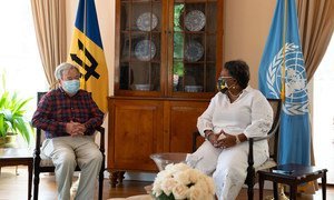 UN Secretary-General António Guterres (left) meets Mia Mottley, the Prime Minister of Barbados.