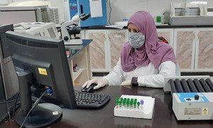 在抗击新冠疫情的努力中，加沙一个实验室的研究人员正在分析数据。