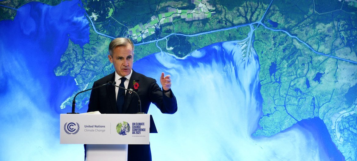 联合国气候行动与融资特使马克·卡尼在苏格兰格拉斯哥举行的第26届气候大会上发言。