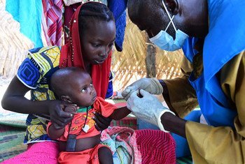 在乍得的一个村庄，一名婴儿正在接受疟疾检测。