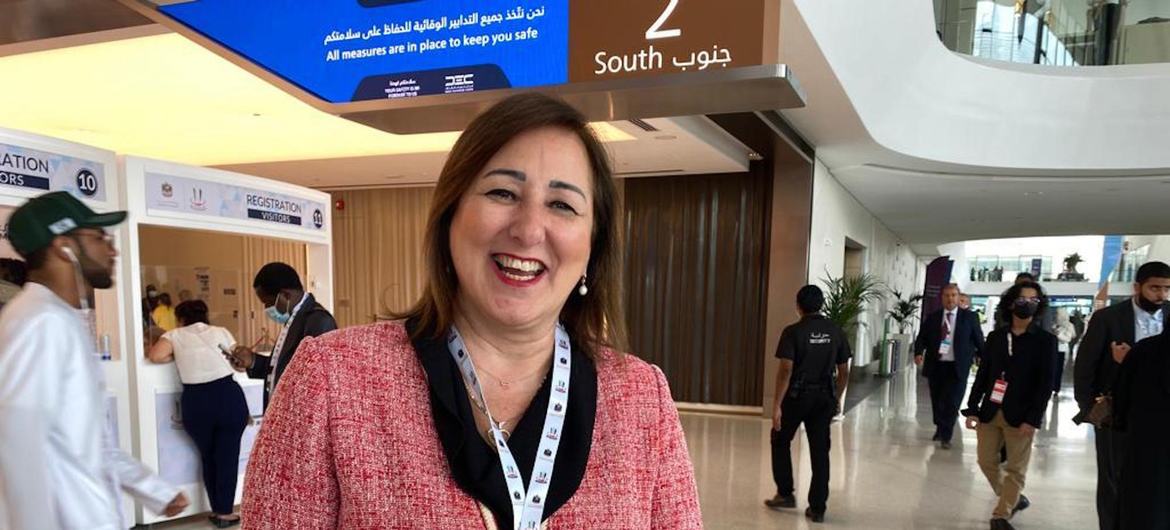 السيدة ريم بدران، النائبة السابقة في مجلس النواب الأردني، ورئيسة شركة الحرة لإدارة وتطوير المشاريع خلالة مشاركتها في منتدى رواد الأعمال في إكسبو دبي.