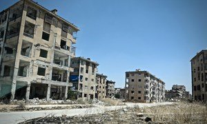 Destroyed buildings in eastern Aleppo city, Syria. 