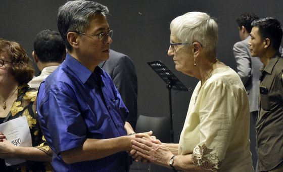 Holocaust survivor Vered Kater attends the annual observance of the International Day of Commemoration in memory of the Holocaust at the UN information Center (UNIC) in Yangon in 2019, photographed here with National Information Officer Aye Win.