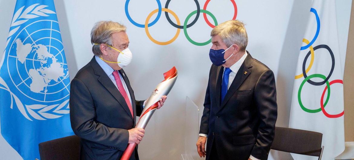 Secretary-General António Guterres (left) meets with President of the International Olympic Committee Thomas Bach at the Beijing Winter Olympics.