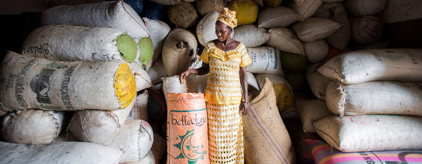 Une agricultrice devant des sacs de semences stockés dans un entrepôt d'un centre agro-industriel en Sierra Leone.FAO/Sebastian Liste