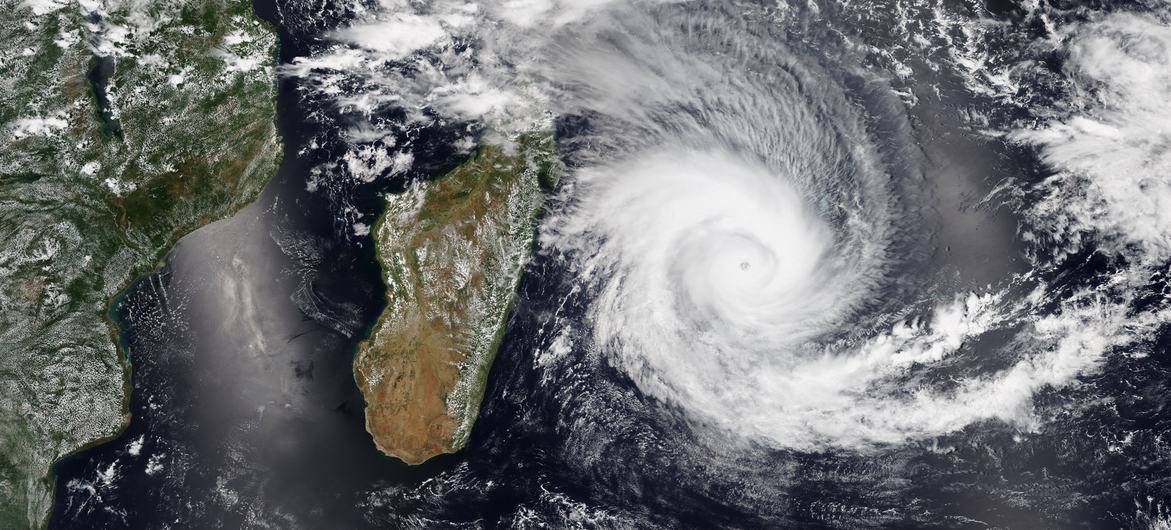 A satellite image shows the formation of a low-pressure system named Batsirai over the Indian Ocean on 2 February 2022.