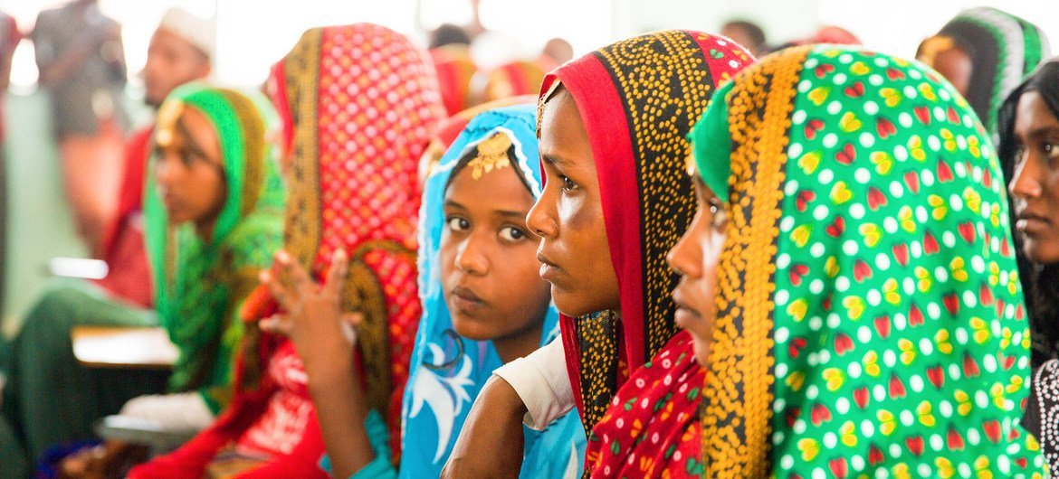 The impacts of COVID-19 have rendered one-in-eight young people, the majority of whom are girls, without access to education. Pictured are Ethiopian girls learning about the harmful practice of female genital mutilation (FMG).