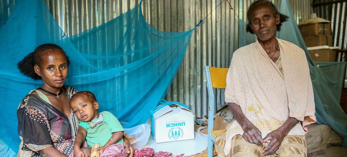 عائلة تركت منزلها في كفتا هوميرا قبل ستة أشهر للبحث عن مأوى في موقع للنازحين في أبي عدي، إثيوبيا.