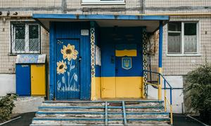 यूक्रेन की एक इमारत को सूरजमुखी के फूल और झण्डे के रंगों में पेंट किया गया है.