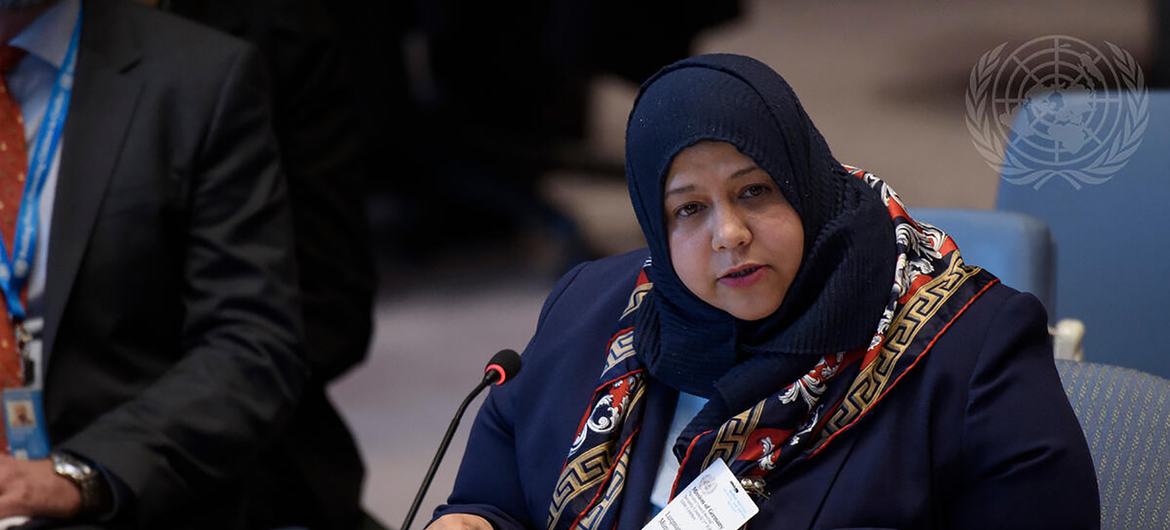 منى لقمان تقدم إحاطة أمام مجلس الأمن في عام 2019.