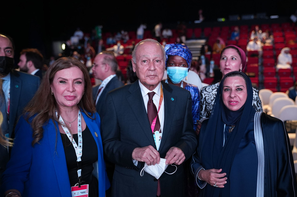 من اليمين، فريدة العوضي، رئيسة مجلس سيدات أعمال الإمارات مع الأمين العام لجامعة الدول العربية