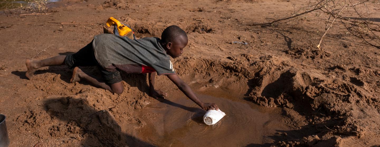 Un niño busca agua en los depósitos que quedan de un río seco en Somalia.