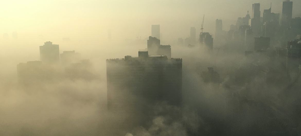 Smog fills the skyline of the city of Toronto, Canada.