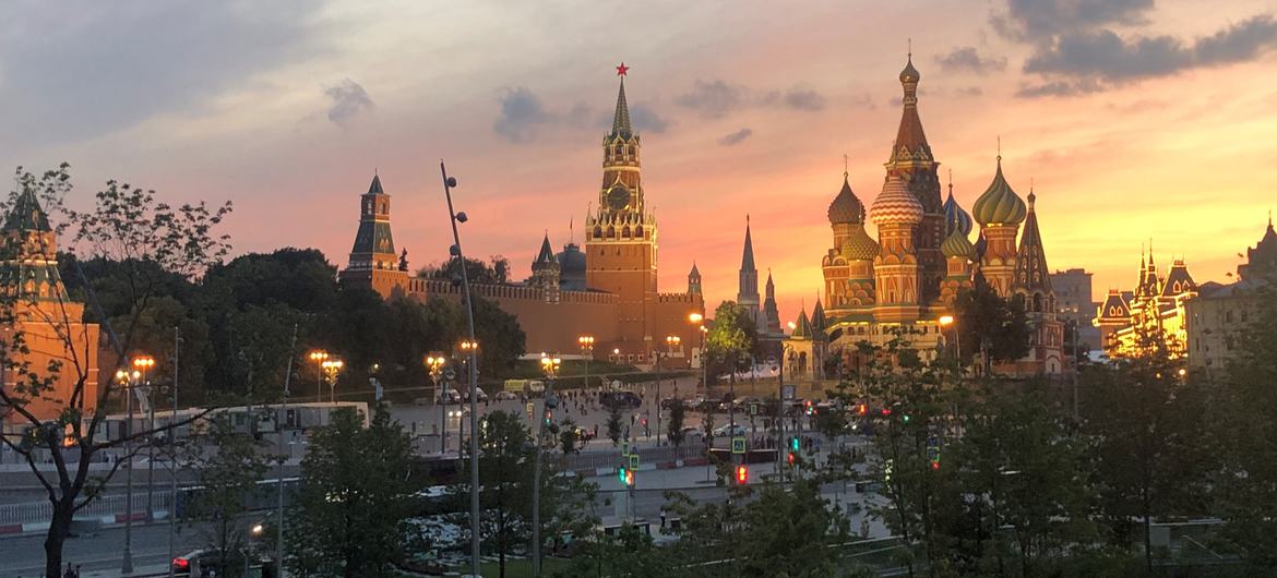 View of the Kremlin in central Moscow, at sunset.