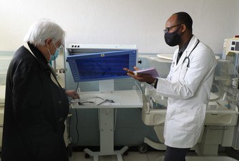 The UN humanitarian chief, Martin Griffiths (left) meets Dr. Ekubay Hagos, the Director of the Hawzen Referral Hospital in the Tigray region of Ethiopia.  