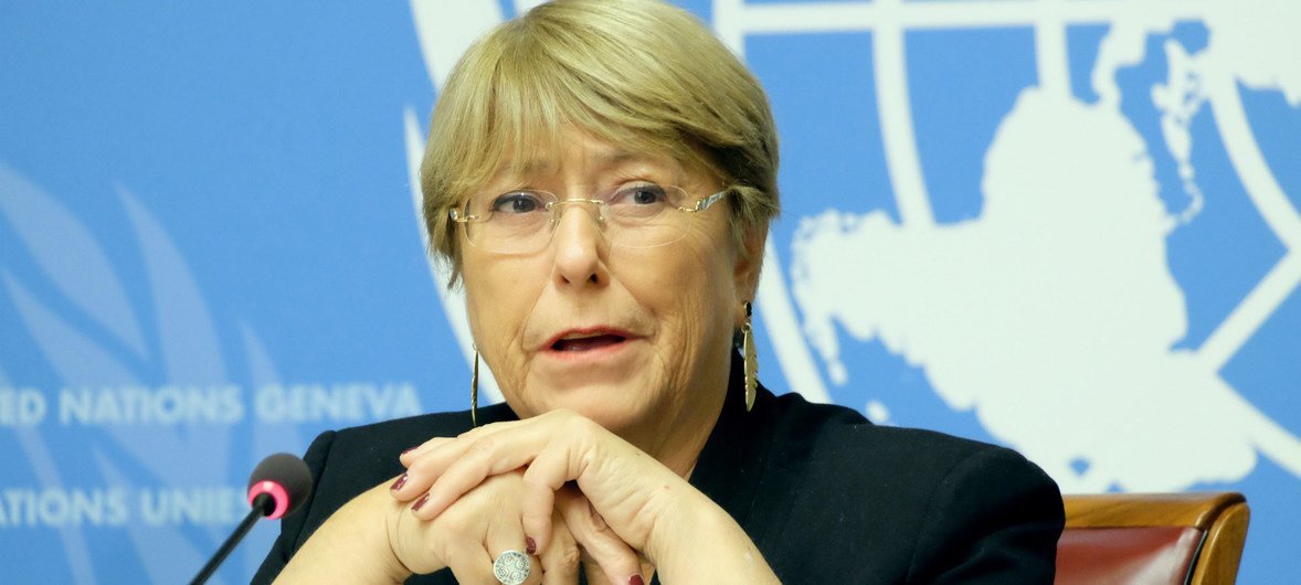 La Haut-Commissaire des Nations Unies aux droits de l'homme, Michelle Bachelet, devant la presse à Genève. (4 septembre 2019)