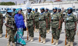 UN Deputy Secretary-General Amina Mohammed in Mogadishu with female peacekeepers of the UN Assistance Mission in Somalia (UNSOM).(23 October 2019)