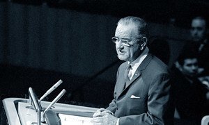 President Lyndon B. Johnson of the United States addresses the UN General Assembly in June 1968 after it adopted a resolution on the Non-Proliferation of Nuclear Weapons. 