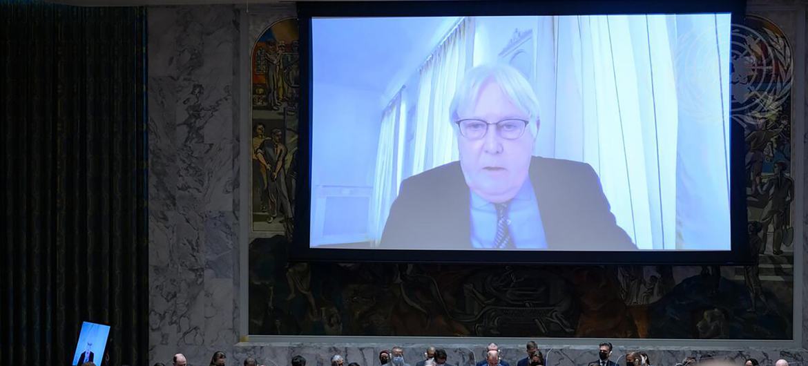 Trưởng đoàn cứu trợ Liên hợp quốc Martin Griffiths tóm tắt về Hội đồng Bảo an về Tình hình ở Ukraine.