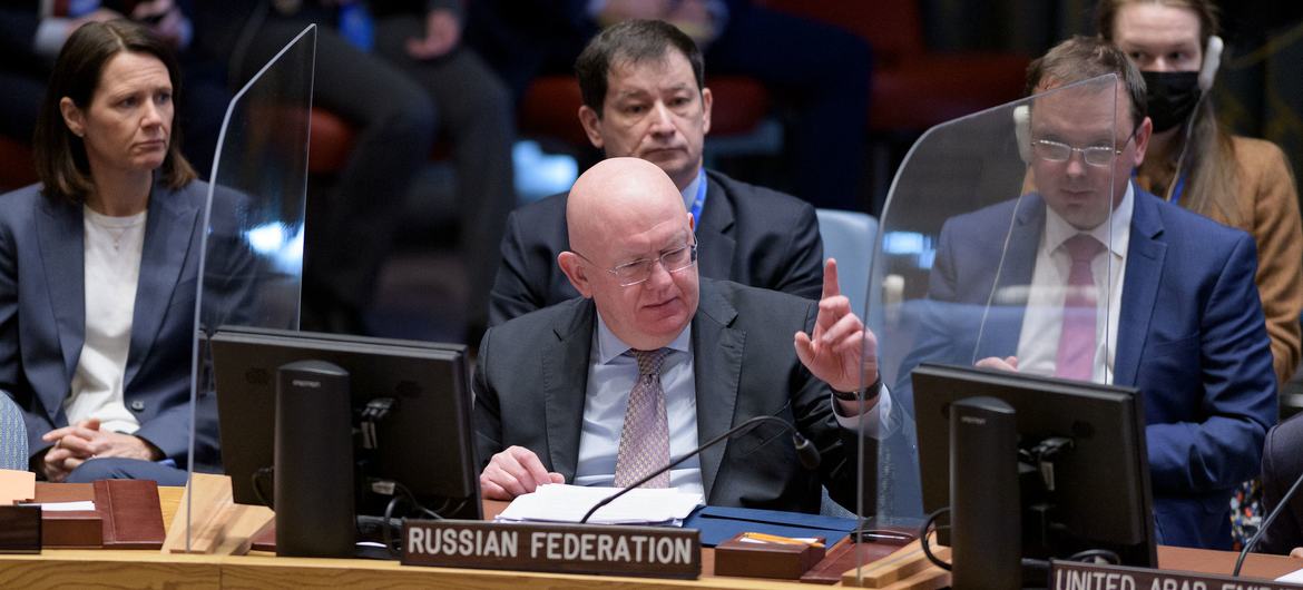 संयुक्त राष्ट्र में रूसी महासंघ के राजदूत वैसिली नेबेन्ज़िया, यूक्रेन मुद्दे पर सुरक्षा परिषद की बैठक को सम्बोधित करते हुए