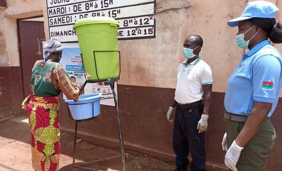 A handwashing facility outside Ngaragba Prison in Bangui, CAR during COVID-19 pandemic.