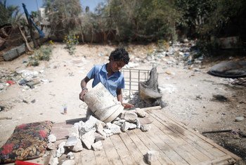 Thirteen-year-old boy in Palestine collects rubble near Gaza City, which he transports by donkey to the market to sell. (file)