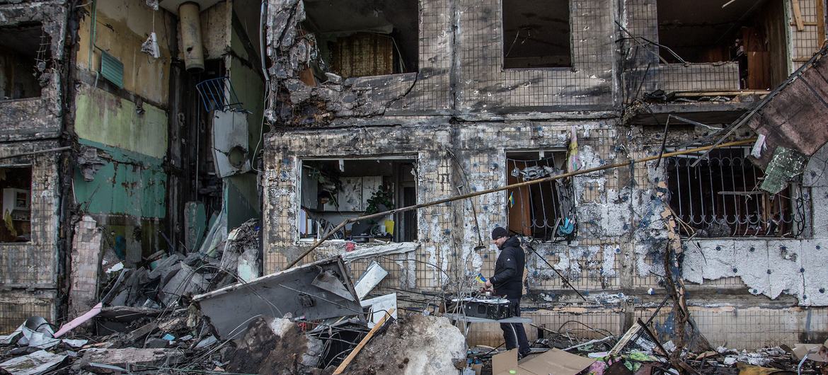 Destroyed apartment buildings after shelling in the Obolon district, in Kyiv, Ukraine.