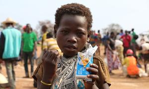 A child eats high energy biscuits in a displaced camp in Batangafo, Central African Republic. (file)