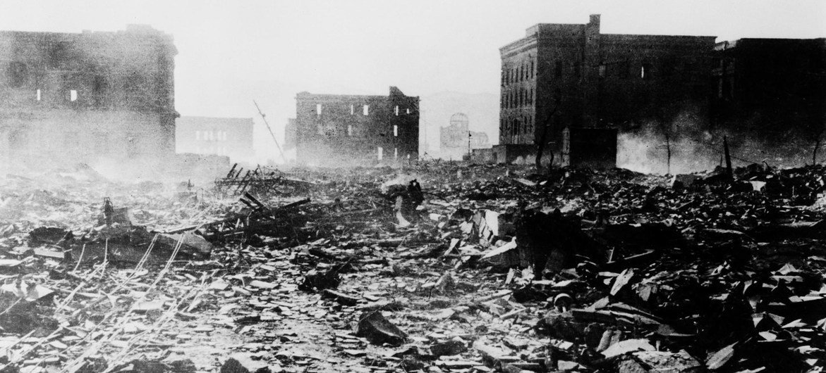 Hiroshima, shortly after a nuclear bomb was dropped on the city in August 1945.