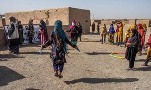 Young girls play at a child friendly space for displaced people at settlement in the outskirts of Herat city in Afghanistan.