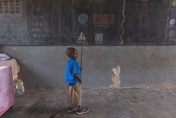 A child attends class at a UNICEF-supported government primary school, in Douala, Cameroon.