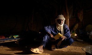 Abdou Salam Djibril, a displaced man from Tessit, in his tent at an informal camp near Gao in Mali.