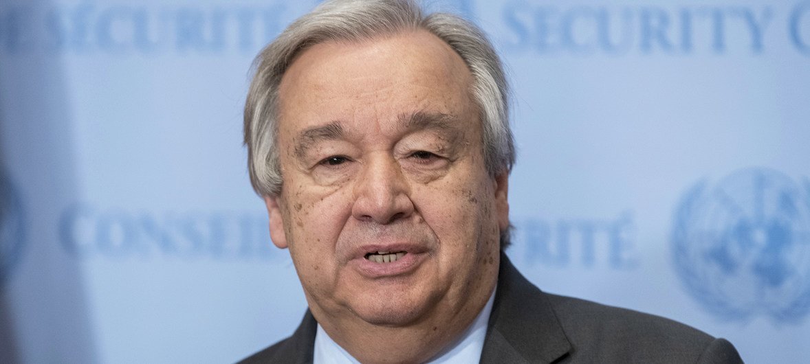 The UN Secretary-General António Guterres addresses the media at United Nations Headquarters in New York.
