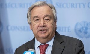 The UN Secretary-General António Guterres addresses the media at United Nations Headquarters in New York.
