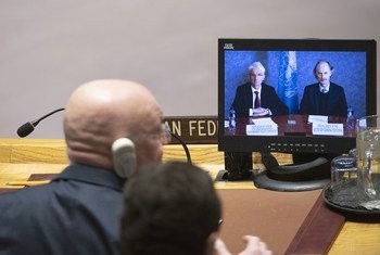 Le chef de l'humanitaire de l'ONU, Mark Lowcock (à gauche sur l'écran), et l'Envoyé spécial pour la Syrie, Geir Pedersen, font un exposé devant le Conseil de sécurité (photo d'archives).