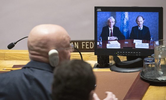 Mark Lowcock (left on screen), Under-Secretary-General for Humanitarian Affairs and Emergency Relief Coordinator, and Geir O. Pederson (right on screen), Special Envoy for Syria, brief the Security Council meeting on the situation in Syria.