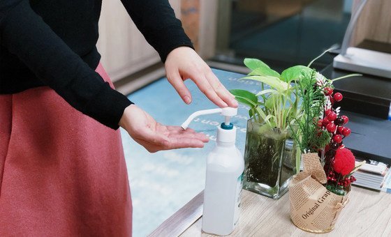 Alcohol-based hand sanitisers are placed at the entrance of WHO China Office. Staff are reminded to clean their hands correctly and adequately before entering.