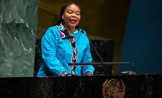 Liberian peace activist Leymah Gbowee gives an empowering speech at the United Nations during a commemorative even for International Women's Day 2020.