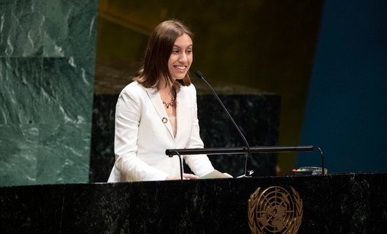 Climate activist Alexandria Villaseño, 14-years-old, addresses a special UN event commemorating International Women's Day 2020.