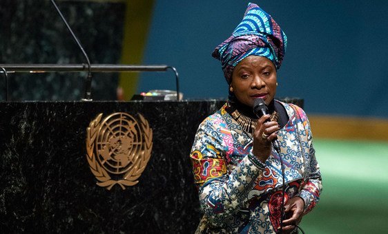 UNICEF Goodwill Ambassador and Grammy Awards winner Angélique Kidjo performs at the UN observance of International Women's Day 2020.