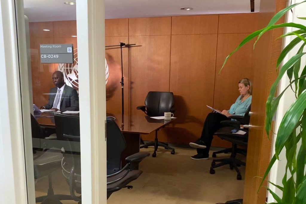 2020年3月27日，联合国大会主席蒂贾尼·穆罕默德·班迪(左)和他的办公厅主任马里·斯克雷大使在四个联合国机构负责人向会员国举行的历史性虚拟联合简报会上。